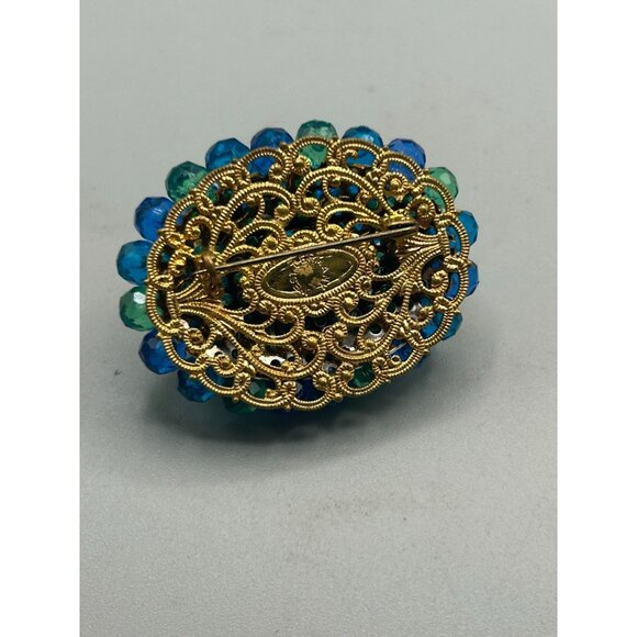 Signed West Germany Pin Brooch Vintage Blue Green Beads on Gold Tone Filigree - Picture 5 of 7